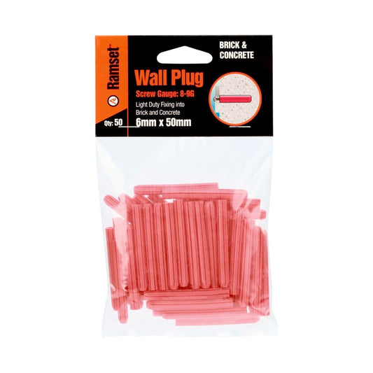 Ramset Red Wall Plugs 6 x 50mm Plastic 50 Pack Easy Insertion - Auzzistore