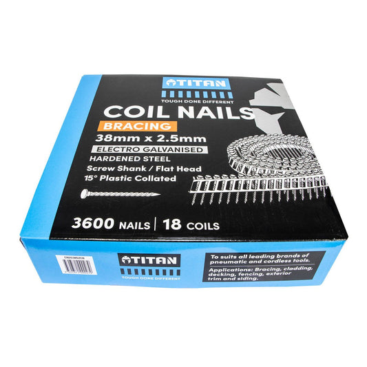 Titan 38mm Collated Coil Nail Screw - 3600 Pack - Hardened Electro Galvanised - Corrosion Resistant - Auzzistore
