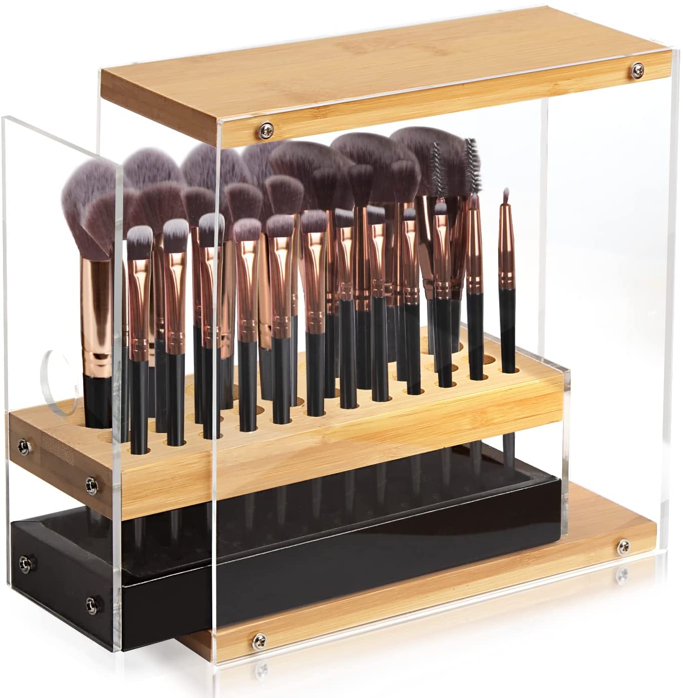 31 Holes Acrylic Bamboo Brush Holder Organiser Beauty Cosmetic Display Stand with Leather Drawer Black (22.3 x 8.6 x 21.5 cm) | Auzzi Store