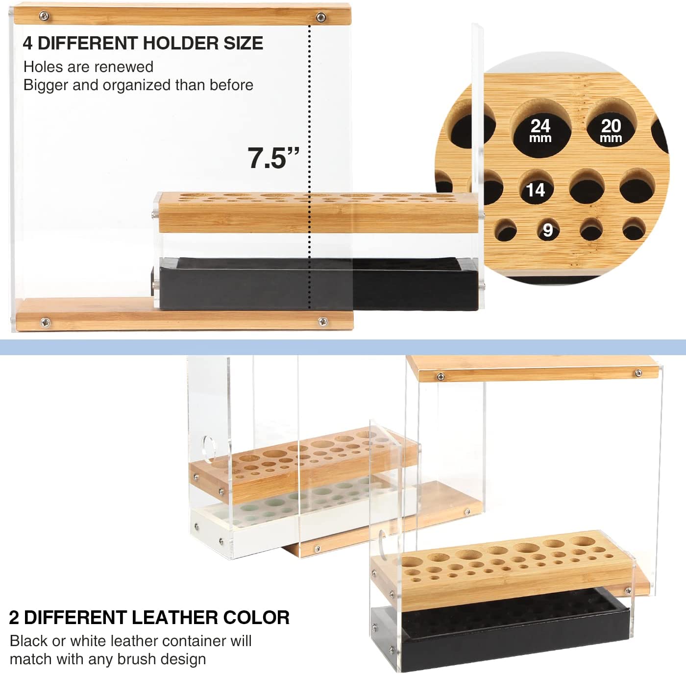 31 Holes Acrylic Bamboo Brush Holder Organiser Beauty Cosmetic Display Stand with Leather Drawer Black (22.3 x 8.6 x 21.5 cm) | Auzzi Store