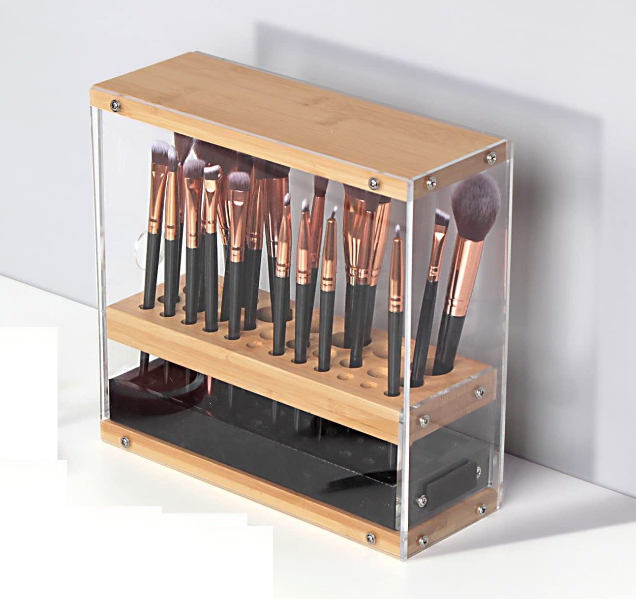 31 Holes Acrylic Bamboo Brush Holder Organiser Beauty Cosmetic Display Stand with Leather Drawer Black (22.3 x 8.6 x 21.5 cm) | Auzzi Store