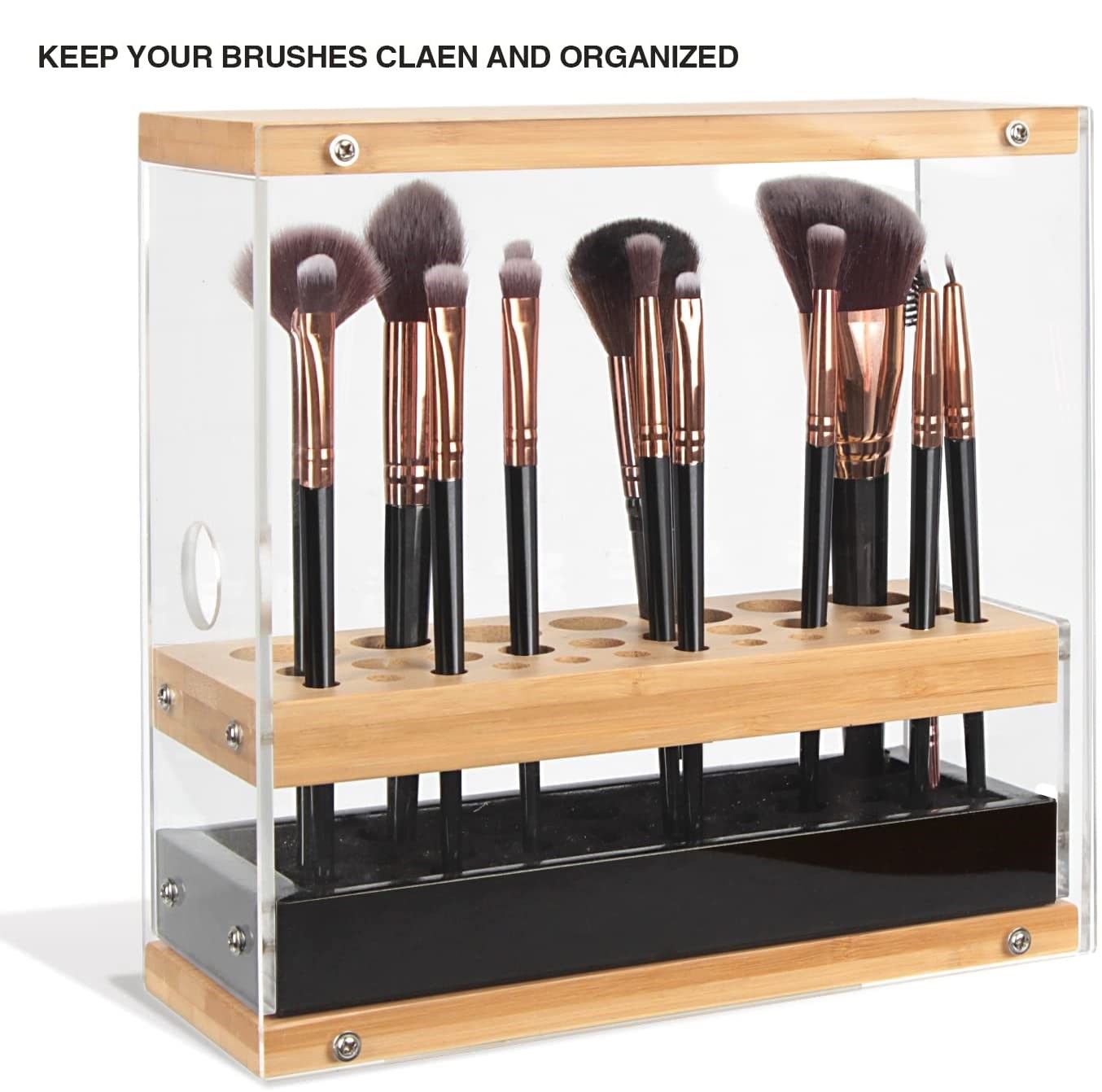 31 Holes Acrylic Bamboo Brush Holder Organiser Beauty Cosmetic Display Stand with Leather Drawer Black (22.3 x 8.6 x 21.5 cm) | Auzzi Store