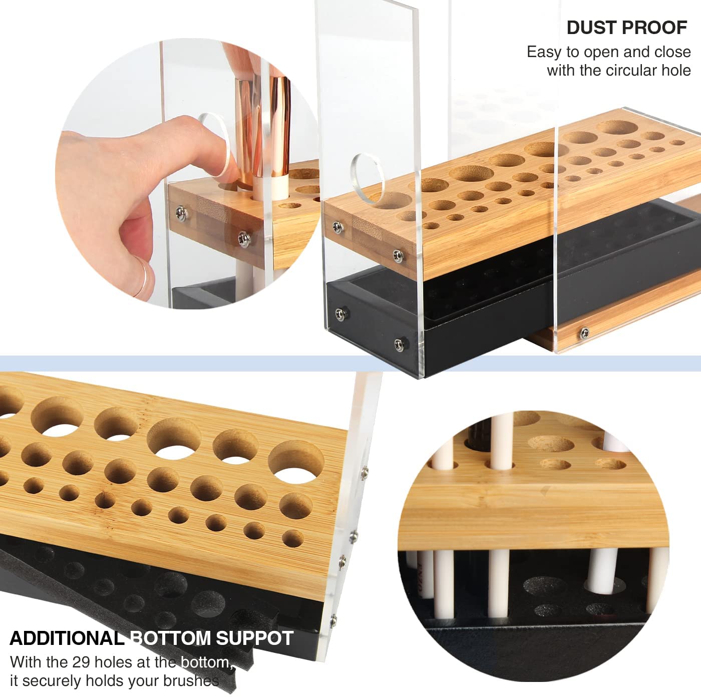 31 Holes Acrylic Bamboo Brush Holder Organiser Beauty Cosmetic Display Stand with Leather Drawer Black (22.3 x 8.6 x 21.5 cm) | Auzzi Store