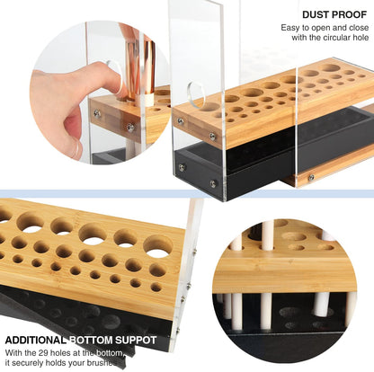 31 Holes Acrylic Bamboo Brush Holder Organiser Beauty Cosmetic Display Stand with Leather Drawer Black (22.3 x 8.6 x 21.5 cm) | Auzzi Store