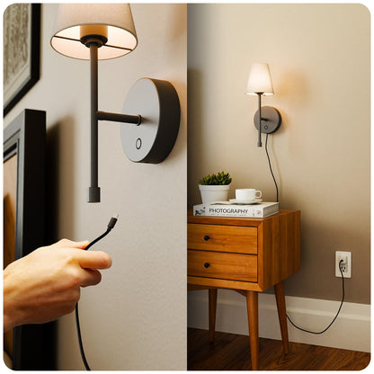 Globe LED Wall Sconce Wireless Light 2 Pack, Black Finish, 250 Lumens, 2700K, 3 Step Dimmer, USB-C Charging - Ideal for Apartments & Dorm Rooms