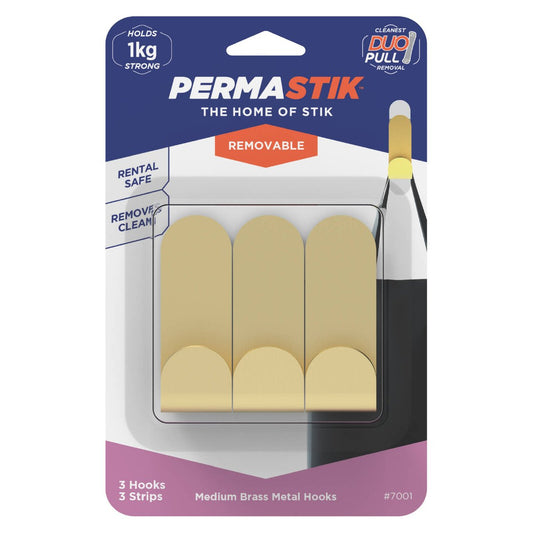 Permastik Medium Brass Metal Hooks 3 Pack - 110mm x 180mm - Holds 1kg