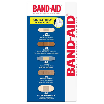 Band-Aid Assortment 220 Pack - Plastic, Extra Wide, Fabric, Tough, Clear Strips with Quilt-Aid Technology