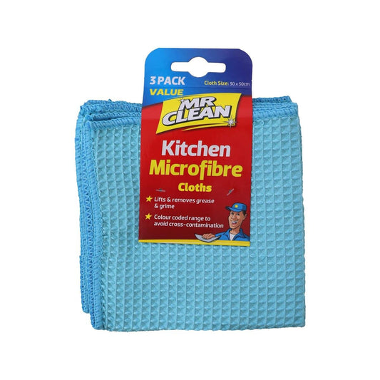 Mr Clean Kitchen Microfibre Cloth 3 Pack - 30 x 30 cm - Waffle Weave - Durable - Auzzistore