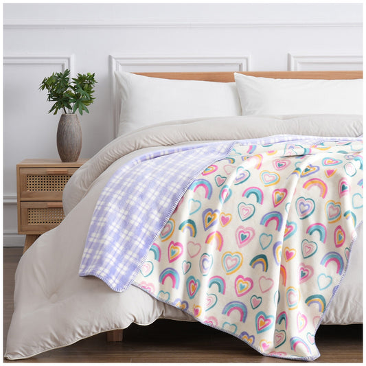 Fraiche Maison Velvet Plush Throw 127 x 152cm Rainbow Hearts - Super Soft, Reversible