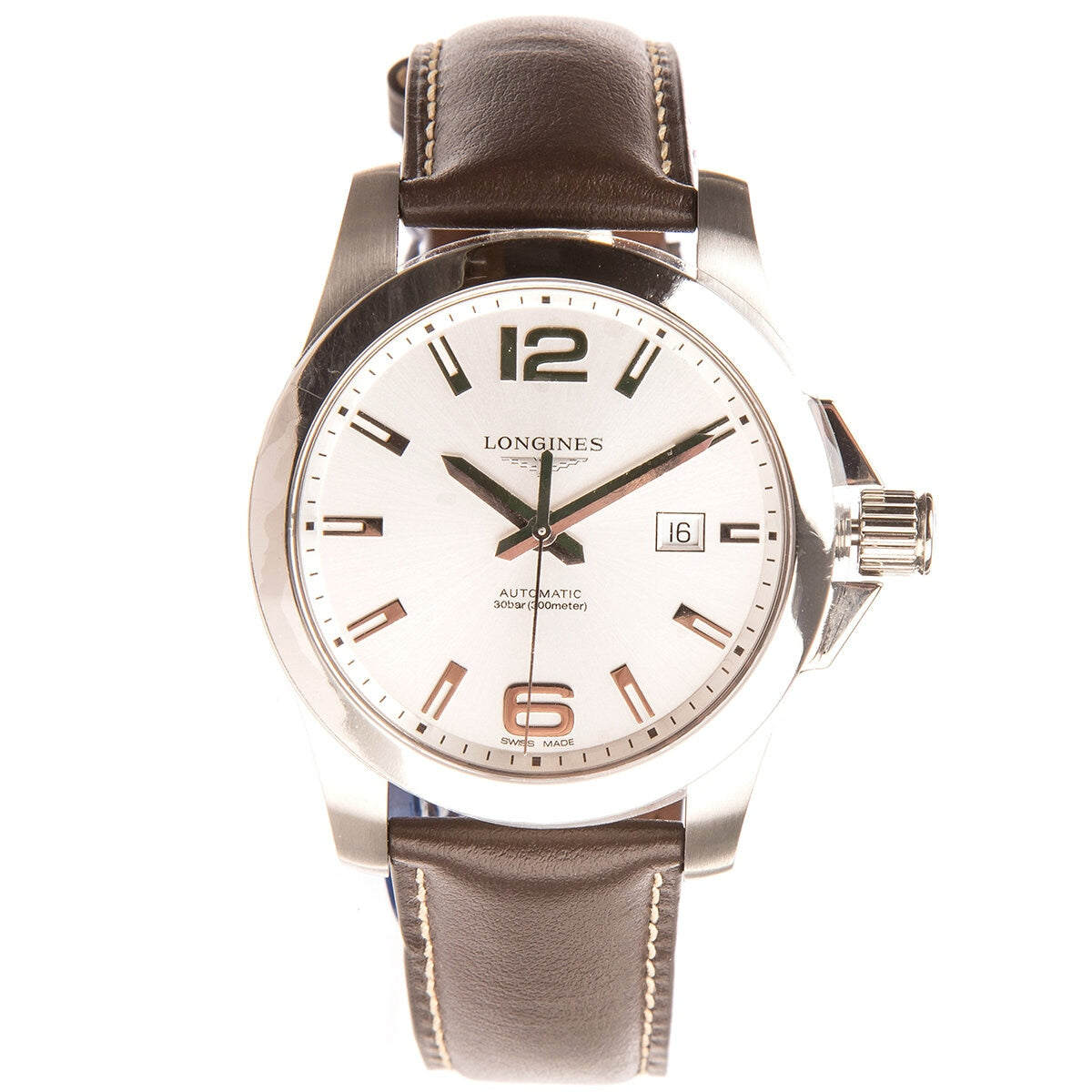 Longines Conquest L37784765 Swiss Automatic Men's Watch, Silver Dial, Brown Leather Strap, 30m Water Resistance