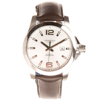 Longines Conquest L37784765 Swiss Automatic Men's Watch, Silver Dial, Brown Leather Strap, 30m Water Resistance