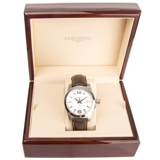 Longines Conquest L37784765 Swiss Automatic Men's Watch, Silver Dial, Brown Leather Strap, 30m Water Resistance