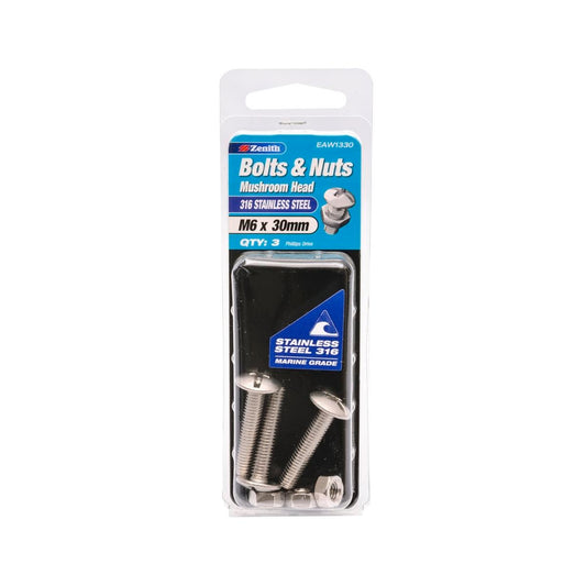Zenith M6 x 30mm Mushroom Head Bolt and Nut 3 Pack Stainless Steel - Auzzistore