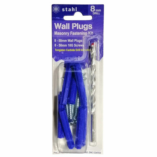 Stahl Masonry Kit 8mm Drill - 10x50mm Blue Wall Plugs - Easy To Use - Auzzistore