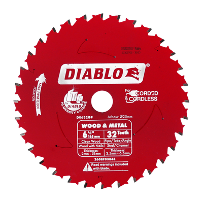 Diablo Circular Saw Blade 6.5" 32T Wood Metal - Durable Cutting Performance