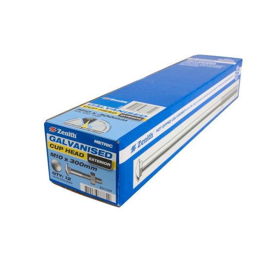 Zenith M10 x 300mm Hot Dip Galvanised Cup Head Bolts and Nuts 12 Pack - Auzzistore