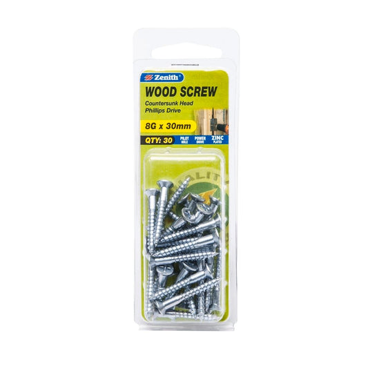 Zenith 8G x 30mm Zinc Plated Countersunk Head Wood Screws – 30 Pack - Auzzistore
