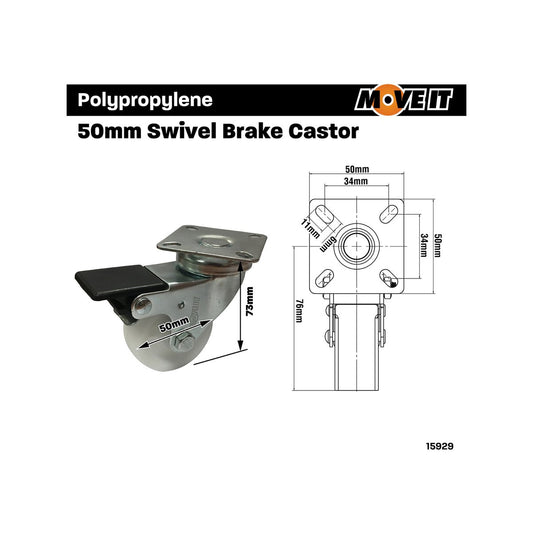 Move It 50mm Polypropylene Swivel Plate Castor with Brake Durable – view 2 - Auzzistore