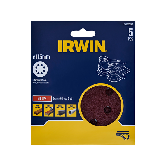 Irwin 115mm Quick Fit Random Orbital Sanding Disc 5 Pack - 60 Grit - Efficient Stock Removal - Auzzistore