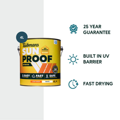Taubmans 4L White Low Sheen Exterior Paint - UV Protection - Fast Drying