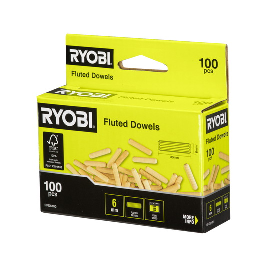 Ryobi 6mm Fluted Dowel 100 Pack - Timber - Strong Joints - Tapered Ends - Auzzistore