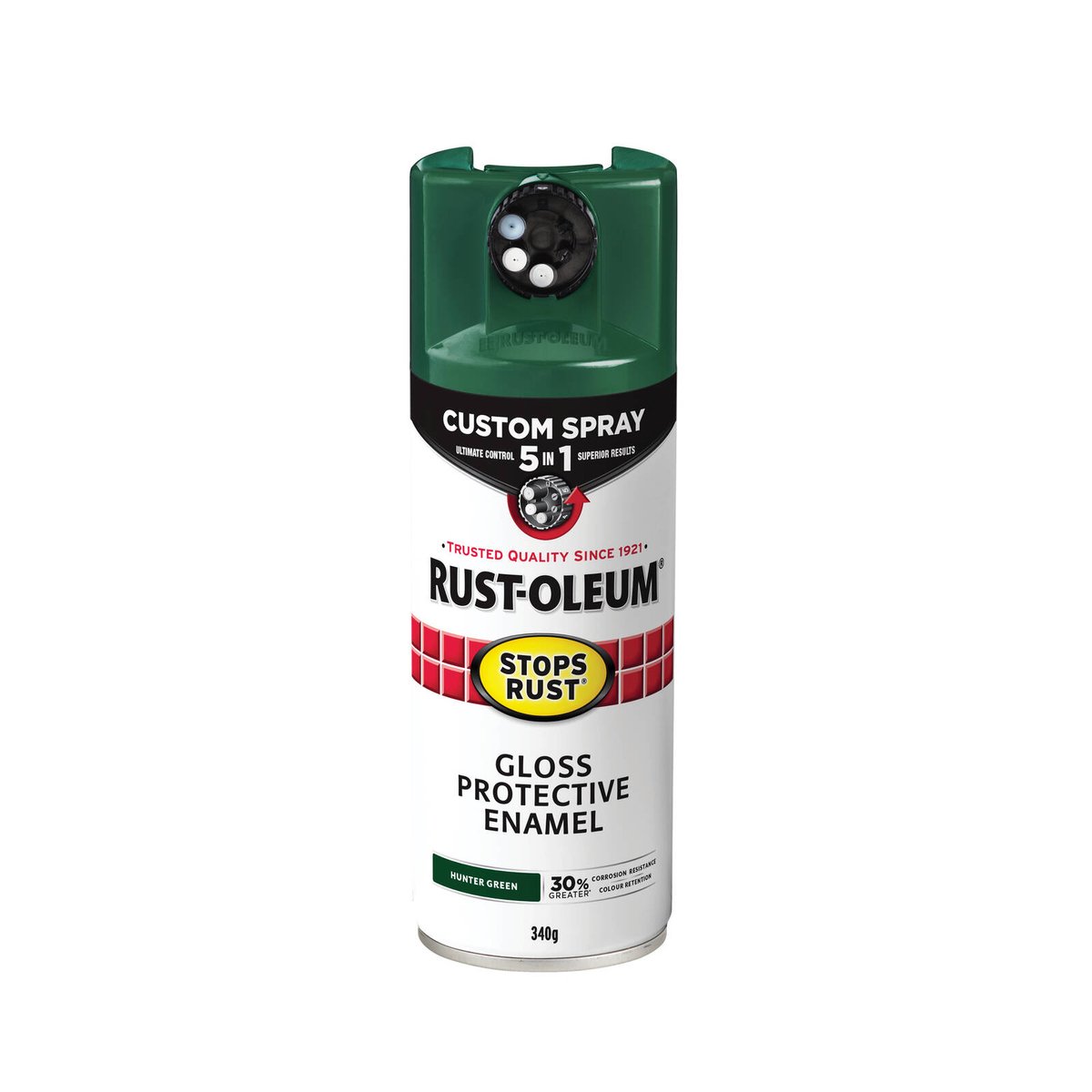 Rust Oleum Custom Spray 5 in 1 Gloss 340g - Dark Hunter Green - 5 Spray Patterns - Rust Protection
