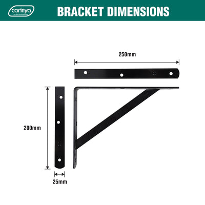 Carinya Straight Stayed Bracket Black 250 x 200mm Heavy Duty Steel