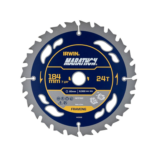 Irwin 184mm 24t Marathon Circular Saw Blade - Tungsten Carbide - Durable