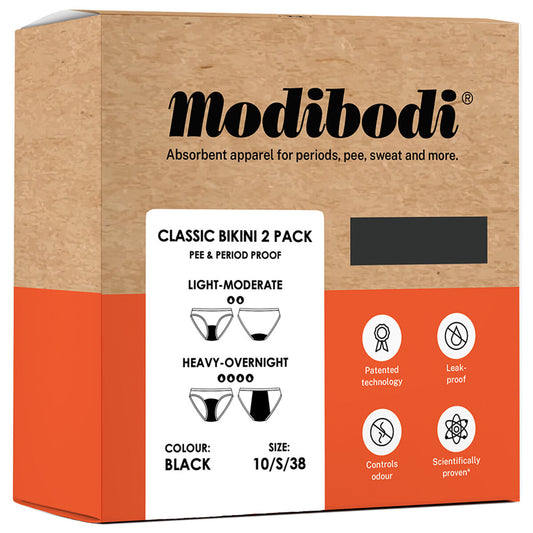 Modibodi Classic Bikini Bottom 2 Pack Black - AU Sizing, Light & Heavy Absorbency