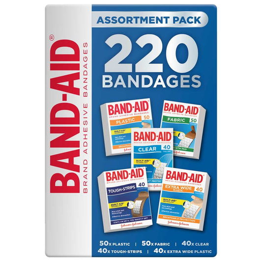 Band-Aid Assortment 220 Pack - Plastic, Extra Wide, Fabric, Tough, Clear Strips with Quilt-Aid Technology - Auzzistore