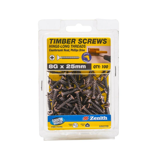 Zenith Hinge Long Thread Screw - 8g x 25mm - Florentine Bronze - 100 Pack - Auzzistore