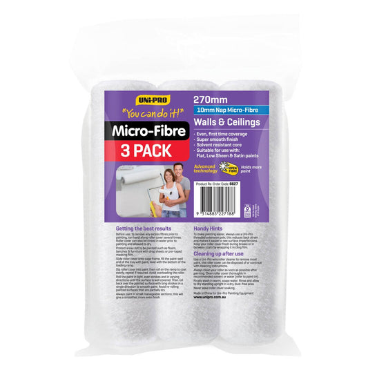 Uni Pro Microfibre Roller Cover 3 Pack - 270mm - 10mm Nap - White - Auzzistore