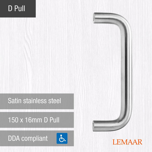 Lemaar D Pull Handle 150 x 16mm Satin Stainless Steel DDA Compliant – view 2