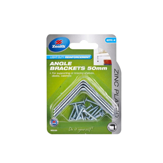 Zenith 50mm Zinc Plated Angle Brackets 4 Pack - Steel - Corrosion Resistant - Auzzistore