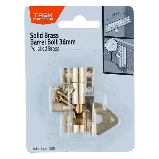Taskmaster 38mm Polished Brass Barrel Bolt - Solid Brass Security Solution - Auzzistore