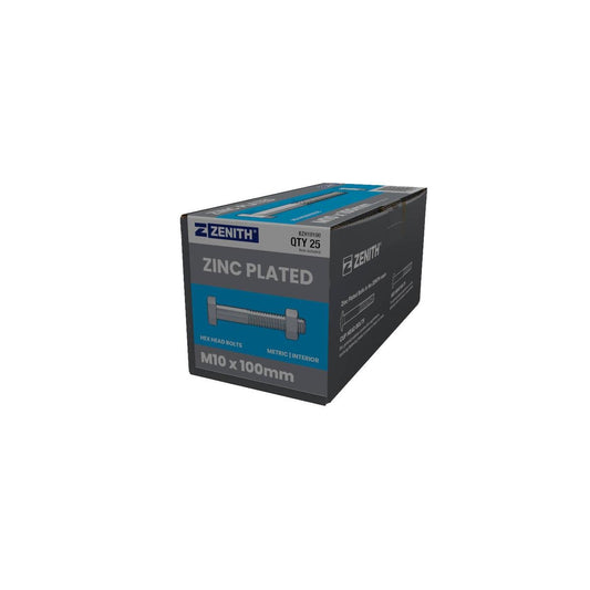 Zenith M10 x 100mm Zinc Plated Hex Head Bolts and Nuts 25 Pack - Durable Fastening Solutions - Auzzistore