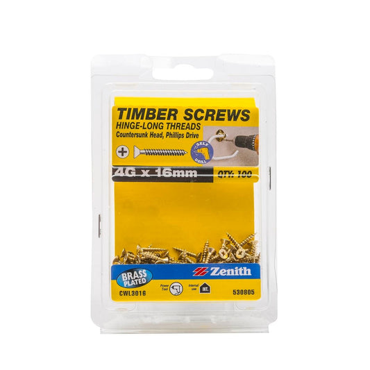 Zenith Hinge Long Thread Screw - 4g x 16mm - Brass Plated - 100 Pack - Auzzistore