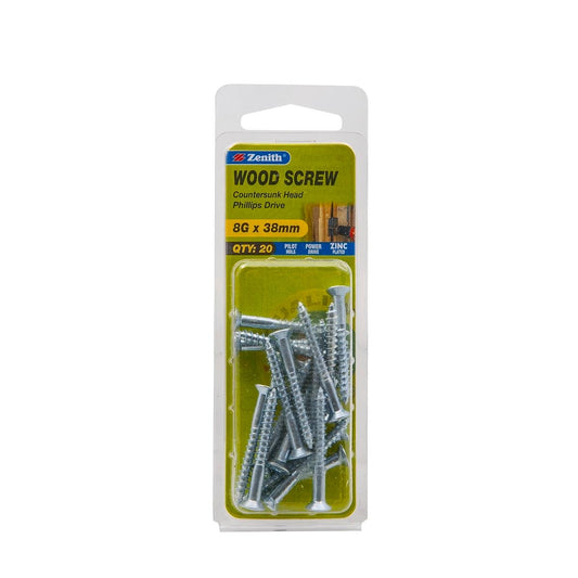 Zenith Countersunk Wood Screws - 8g x 38mm - Zinc Plated - 20 Pack - Auzzistore