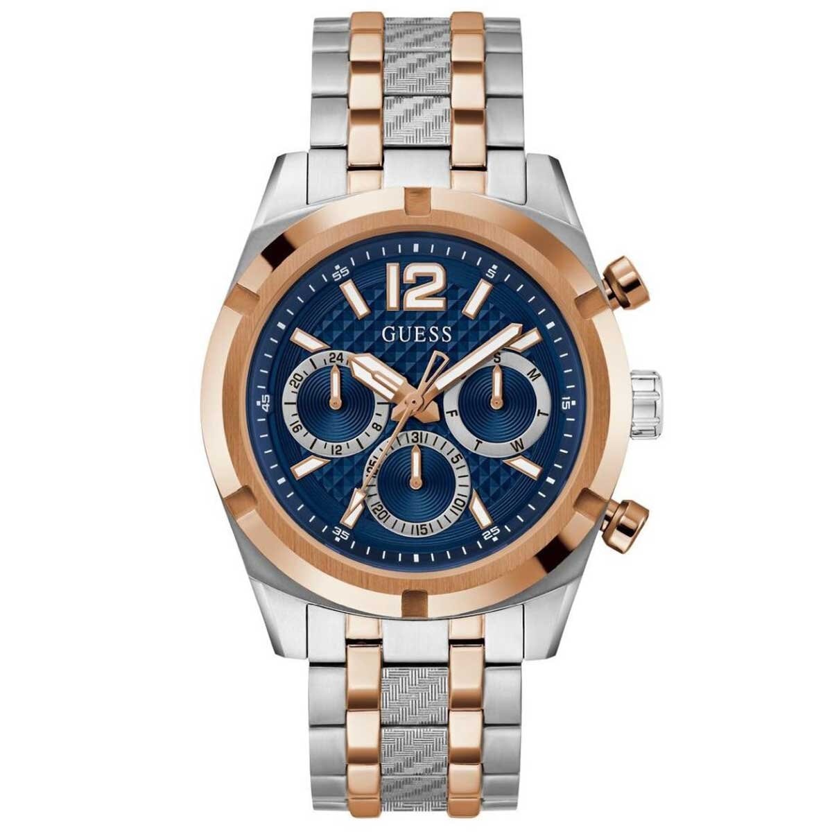 GUESS Resistance Two Tone Men's Watch GW0714G3 Blue & Rose Gold Multifunction Dial 44mm Silver Case
