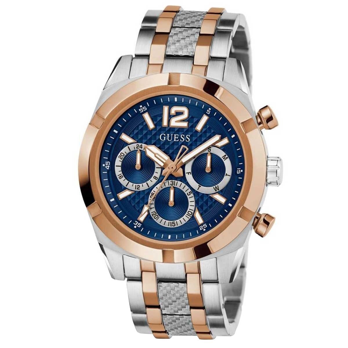 GUESS Resistance Two Tone Men's Watch GW0714G3 Blue & Rose Gold Multifunction Dial 44mm Silver Case