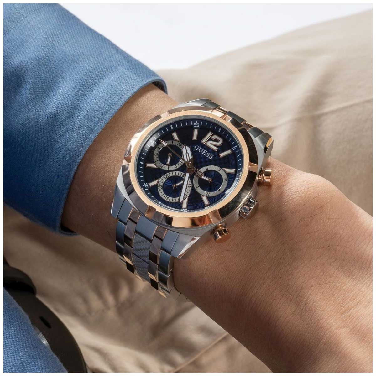 GUESS Resistance Two Tone Men's Watch GW0714G3 Blue & Rose Gold Multifunction Dial 44mm Silver Case