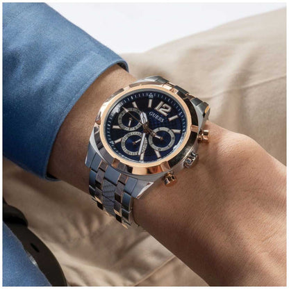 GUESS Resistance Two Tone Men's Watch GW0714G3 Blue & Rose Gold Multifunction Dial 44mm Silver Case