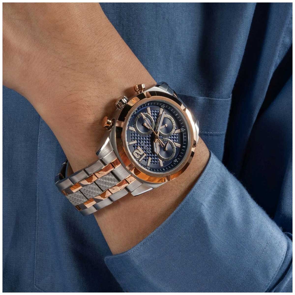 GUESS Resistance Two Tone Men's Watch GW0714G3 Blue & Rose Gold Multifunction Dial 44mm Silver Case