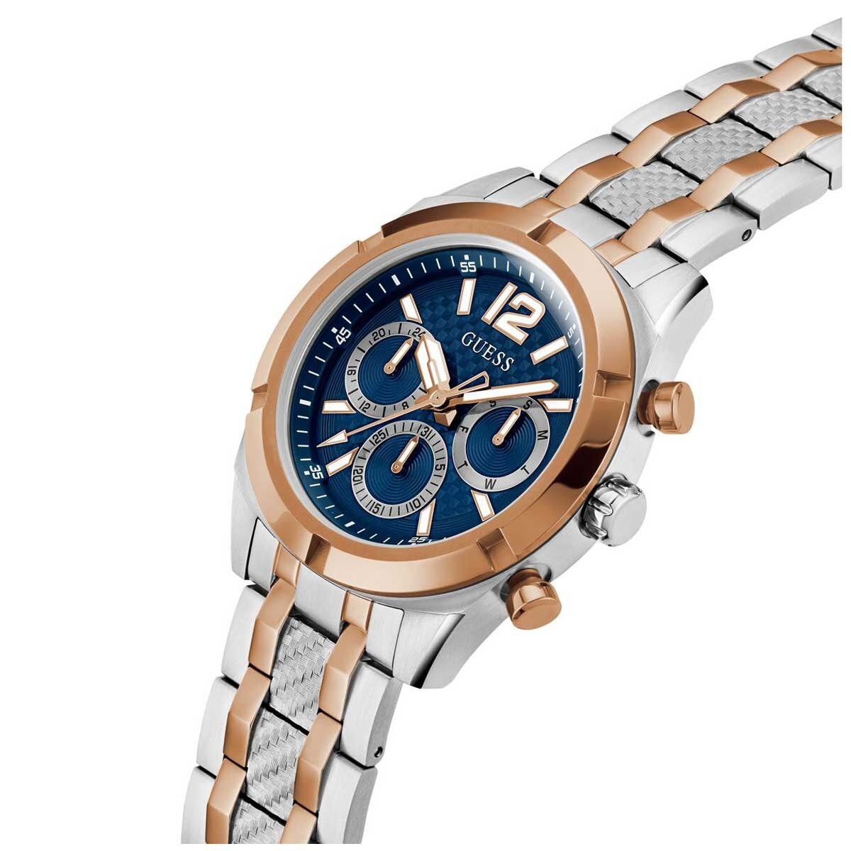 GUESS Resistance Two Tone Men's Watch GW0714G3 Blue & Rose Gold Multifunction Dial 44mm Silver Case