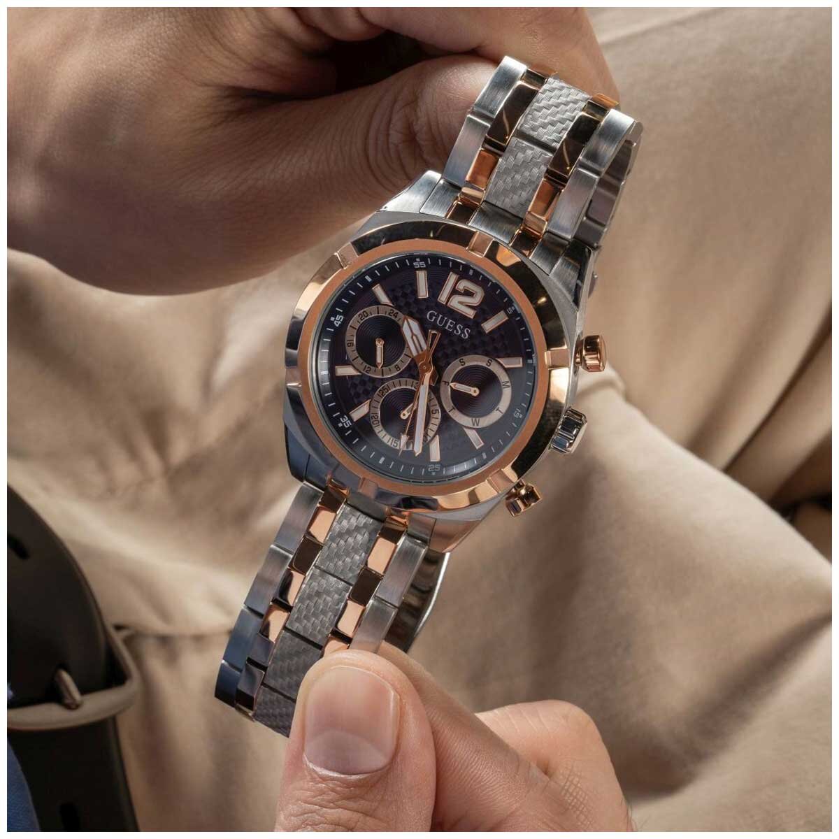 GUESS Resistance Two Tone Men's Watch GW0714G3 Blue & Rose Gold Multifunction Dial 44mm Silver Case