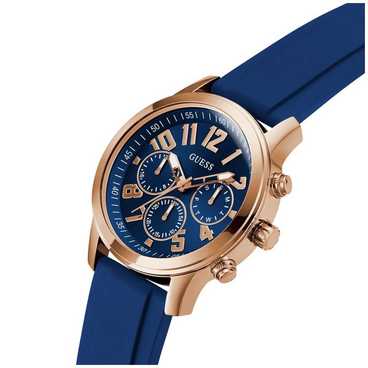 GUESS Men's Watch GW0708G3 Navy Blue Silicone Strap, Rose Gold Case, Blue Dial