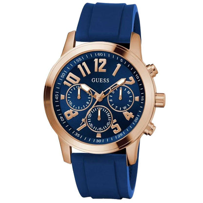GUESS Men's Watch GW0708G3 Navy Blue Silicone Strap, Rose Gold Case, Blue Dial