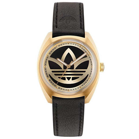 Adidas Originals Edition One Gold Tone Black Strap Watch AOFH22512 - Innovative Design, Gold Tone Trefoil Logo, Stainless Steel Case, Black Leather Strap - Auzzistore