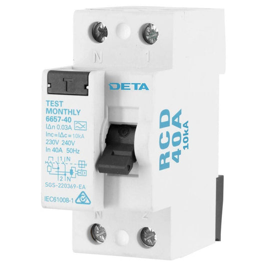 DETA 40A Residual Current Operated Circuit Breaker 36mm - Light Grey - Earth Fault Protection