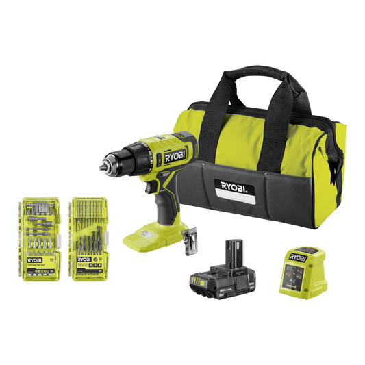 Ryobi 18V ONE+ Hammer Drill Kit - 2Ah Battery - 90 Accessories - 165mm x 220mm x 360mm - Auzzistore